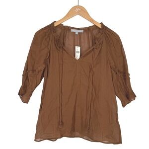 daniel rainn Ruffled Tie Neck Button Top XS NEW Brown Prairie Minimalist Country